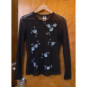 Vintage Y2K 90s Mesh Fairy Top Black Sequin Beaded Sheer Goth Whimsigoth Size S